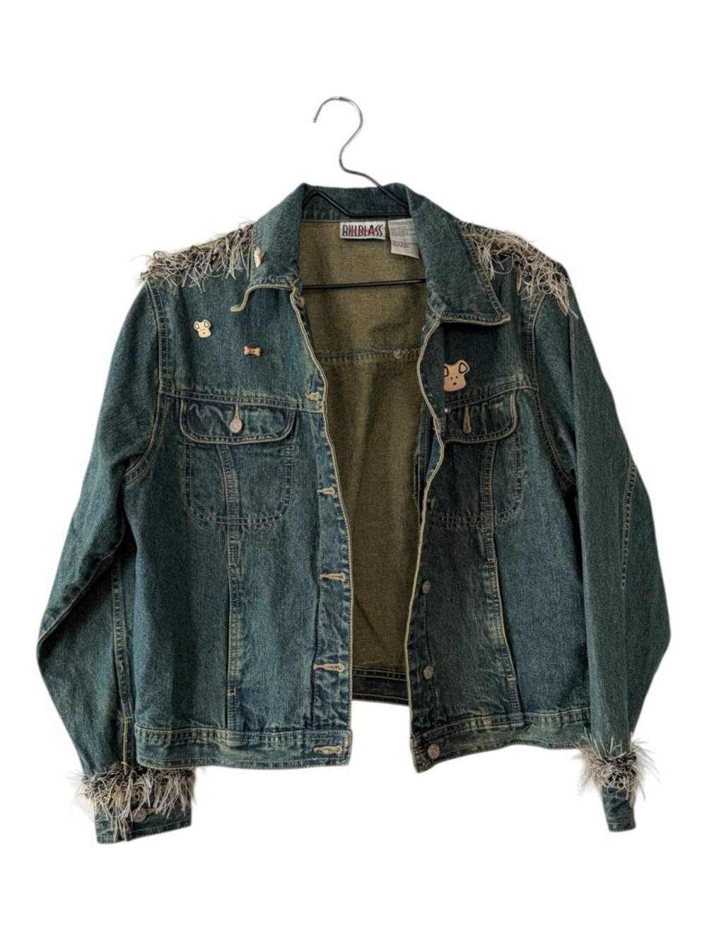 Vintage 90s Bill Blass Denim Jacket Dog Pins Fringe Trim Boho Chic Westercore - Picture 2 of 14